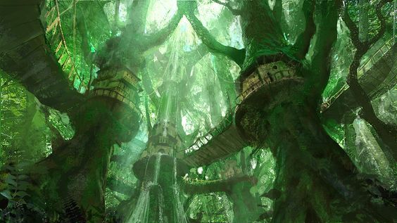 An image representing Mather. It is daytime in a forest, the trees are huge and thick, strong and sturdy. A city of treehouses have been made into the largest trees with rope bridges connecting them together. You can almost hear the soungs of nature in a jungle or rain forest...