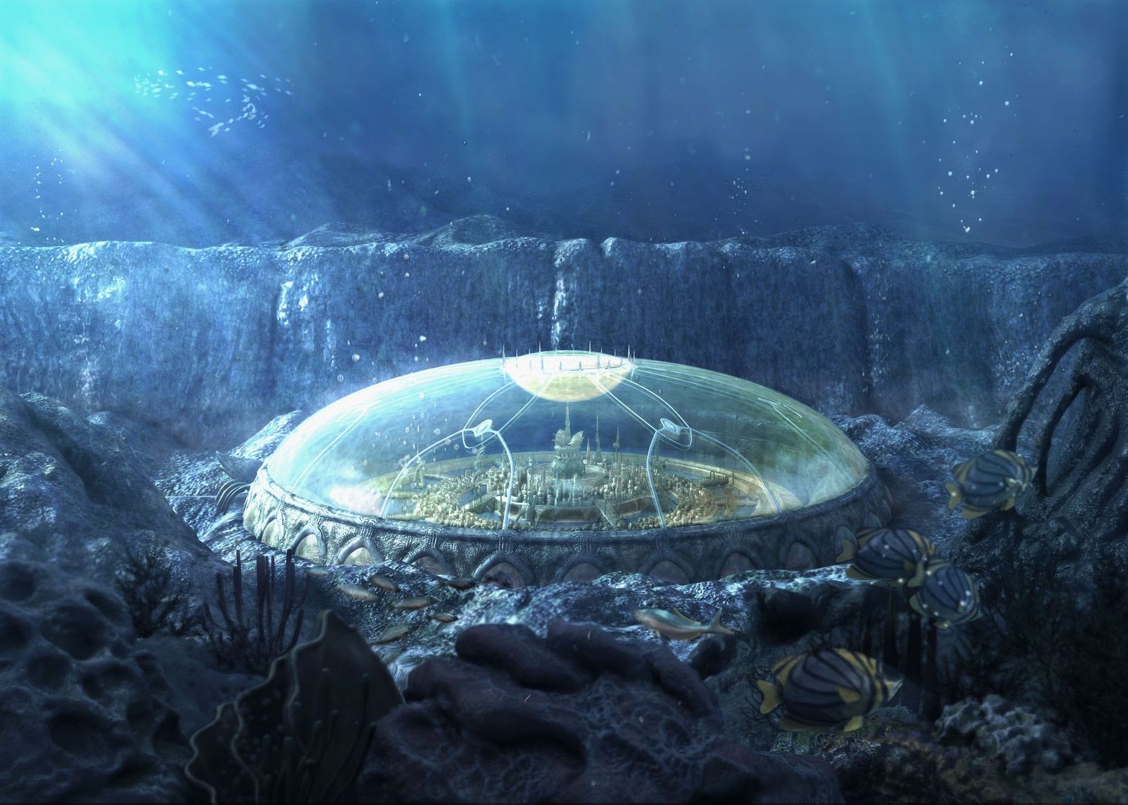 An image that represents Varuna. There is a city that exists inside of a glass dome. This city is at the bottom of an ocean