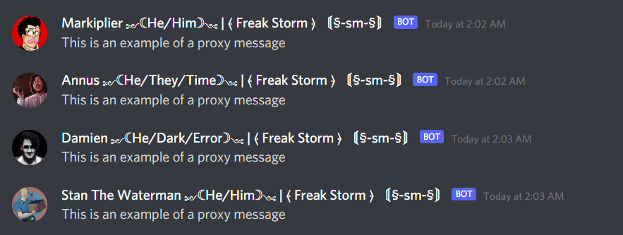 A screenshot of an example of someone using Pluralkit or Tupperbox